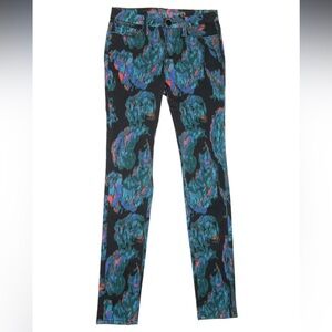 Marchesa Voyage Skinny Jeans Feather Print Mid Rise Black
